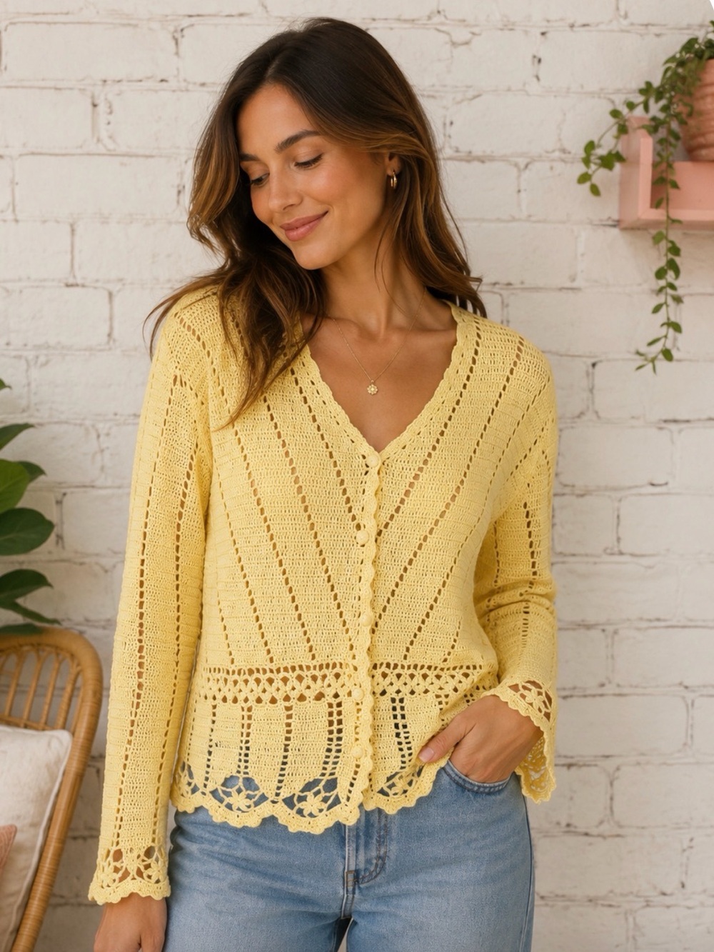 WILLOW RIDGE CROCHET COTTAGECORE GRANNY CORE YELLOW SWEATER SIZE XL TRAD WIFE